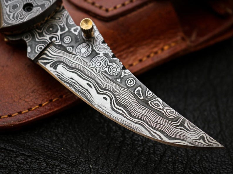 Custom Handmade Damascus Steel Folding Pocket Knife With Leather Pouch