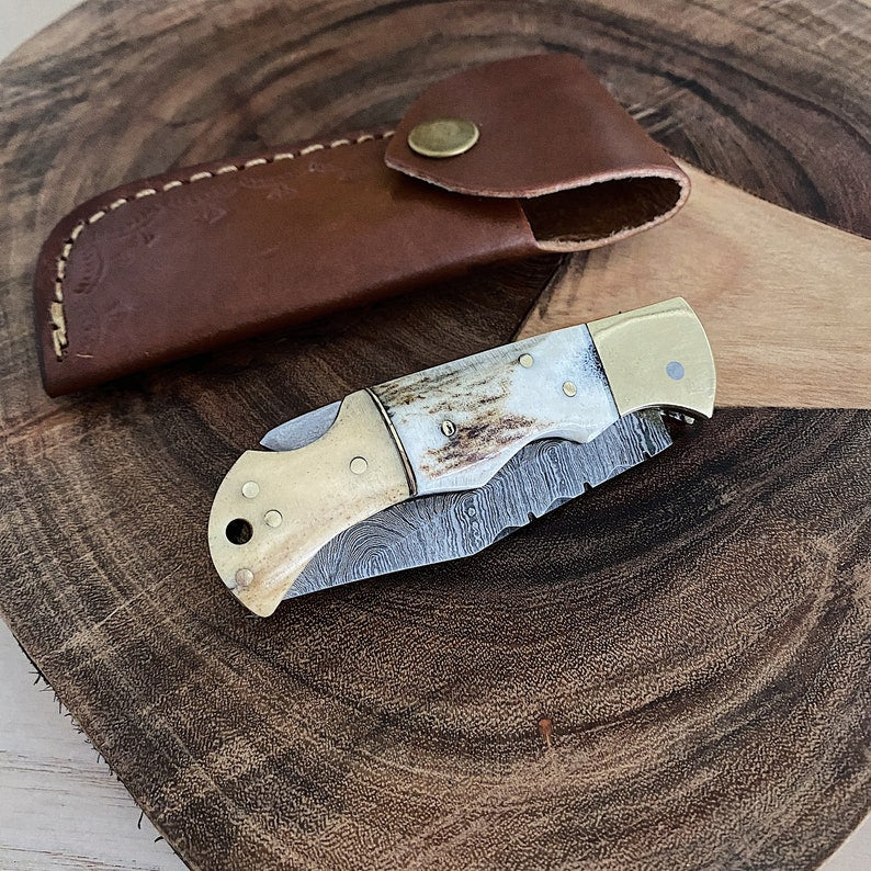 Custom Handmade Damascus Steel Folding Pocket Knife With Leather Sheath