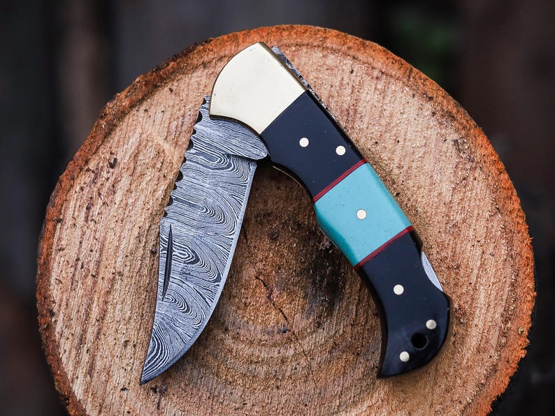 Custom Handmade Damascus Steel Folding Pocket Knife With Leather Pouch