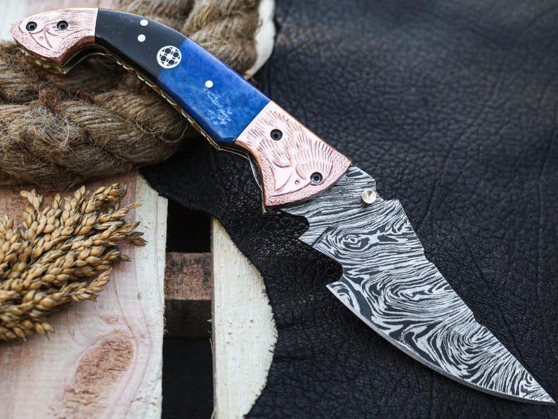 Custom Handmade Damascus Steel Folding Pocket Knife With Leather Sheath