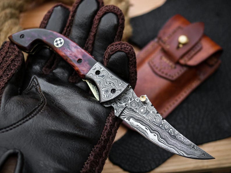 Custom Handmade Damascus Steel Folding Pocket Knife With Leather Pouch