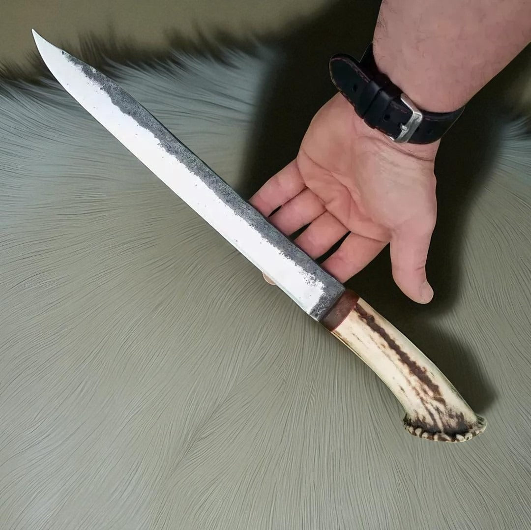 Custom Hunting Knife with Stag Antler Handle | Handmade Carbon Steel Blade | Leather Sheath Included