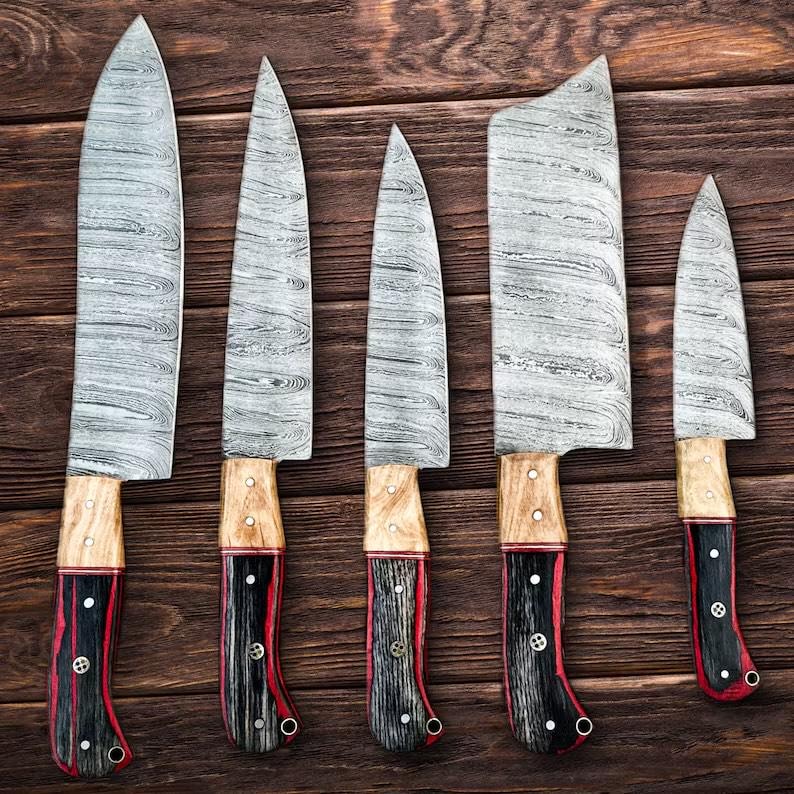 Custom Handmade Damascus Steel Chef Kitchen Knives Set With Leather Roll Kit