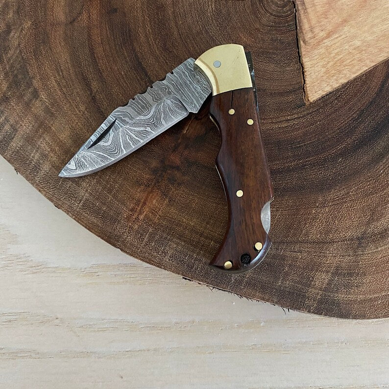 Custom Handmade Damascus Steel Folding Pocket Knife With Leather Sheath