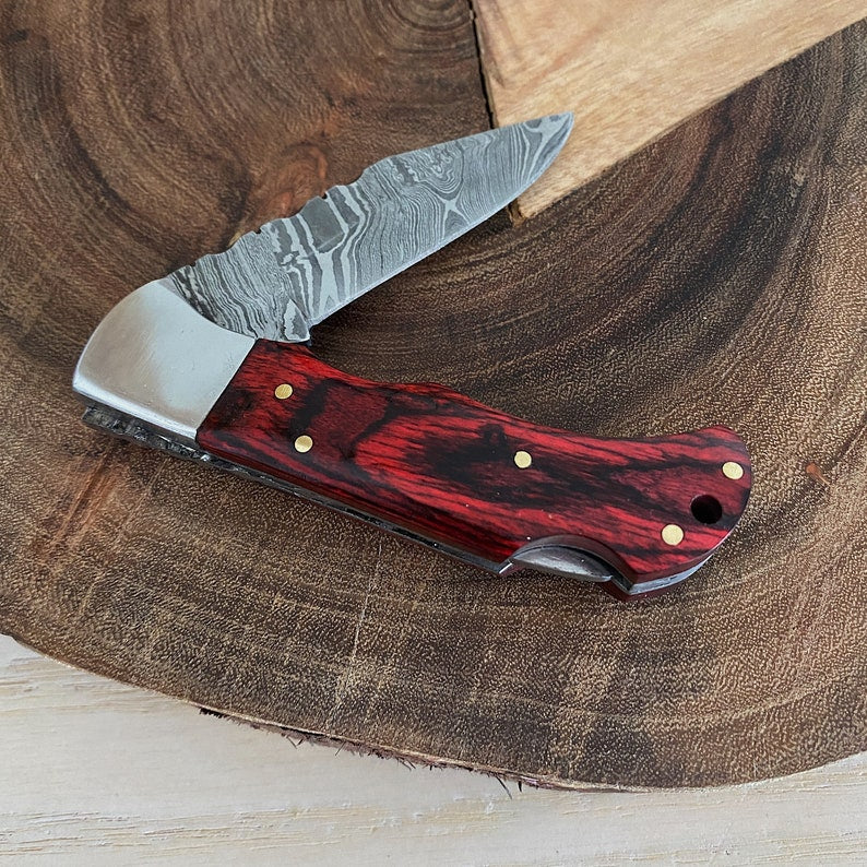 Custom Handmade Damascus Steel Folding Pocket Knife With Leather Pouch