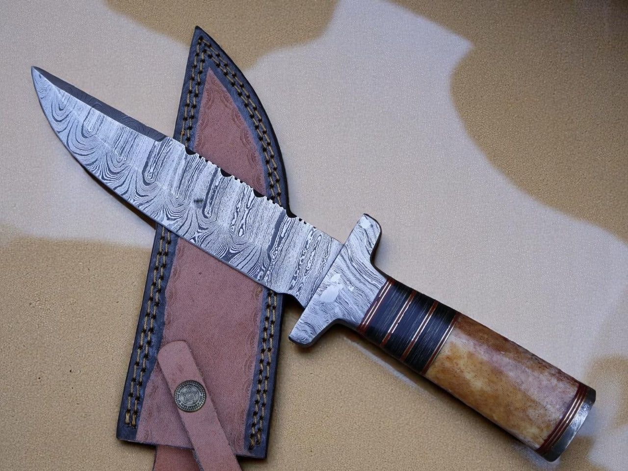 Custom Handmade Damascus Steel Hunting Knife With Leather Sheath