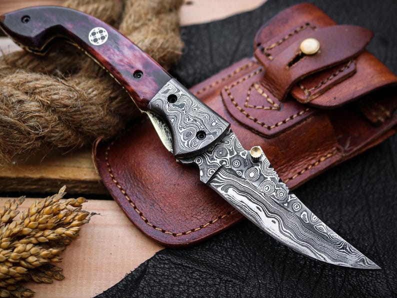 Custom Handmade Damascus Steel Folding Pocket Knife With Leather Pouch