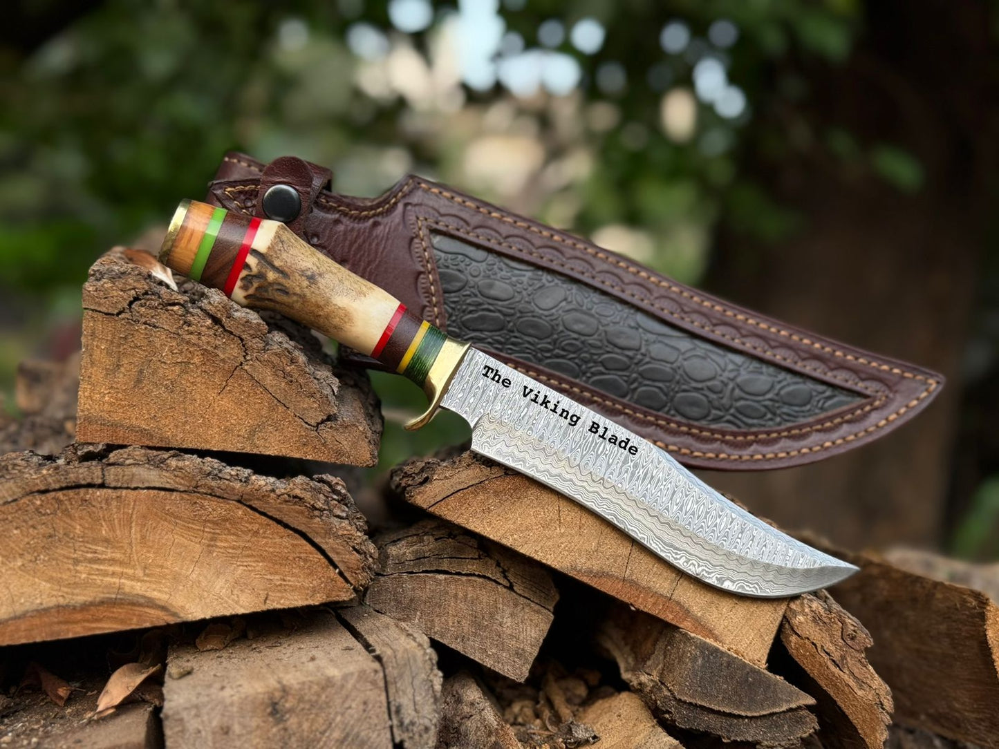 Handmade Damascus Bowie Knife with Stag Antler Handle – 14” Hunting Knife with Leather Sheath