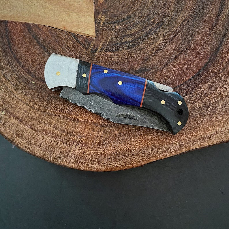 Custom Handmade Damascus Steel Folding Pocket Knife With Leather Pouch
