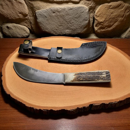 Custom Handmade Carbon Steel Hunting Knife with Stag Horn Handle & Leather Sheath – 11" Full Tang Bushcraft Knife