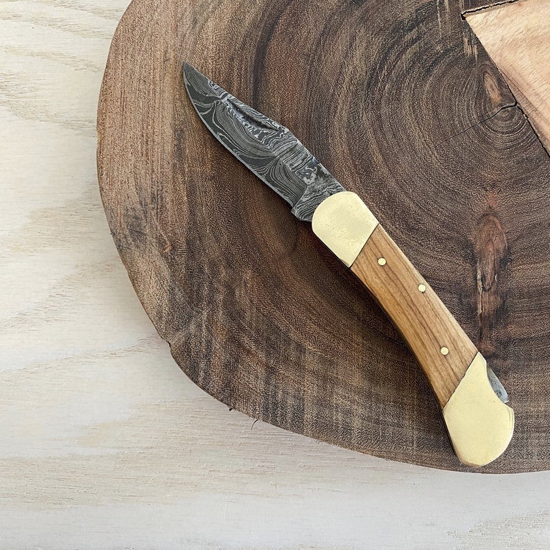 Custom Handmade Damascus Steel Folding Pocket Knife With Leather Sheath