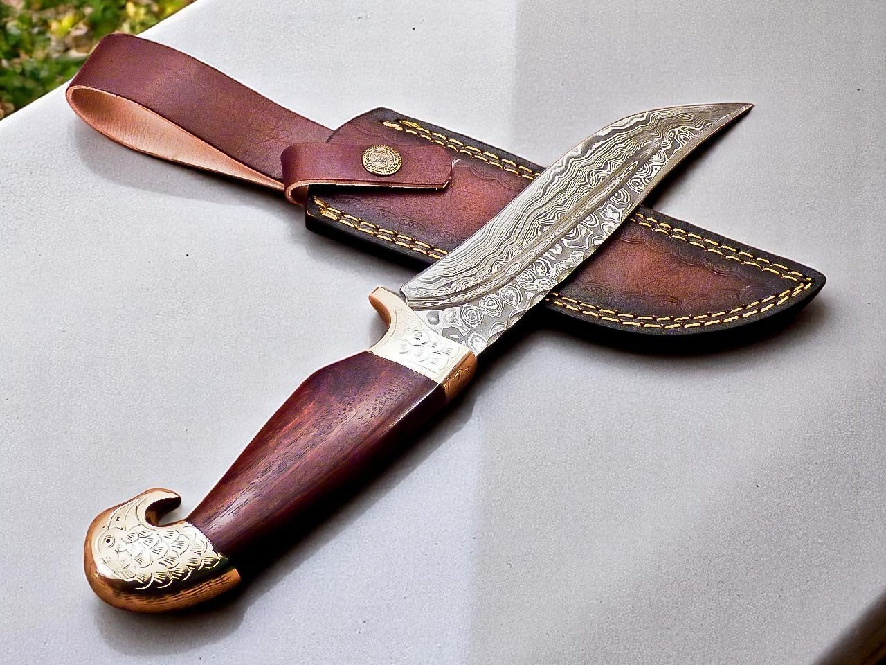 Custom Handmade Damascus Steel Hunting Knife With Leather Sheath