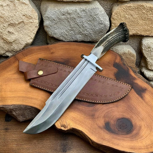 Hand-Forged High Carbon Steel Bowie Knife with Stag Handle | Hunting & Survival Knife with Leather Sheath