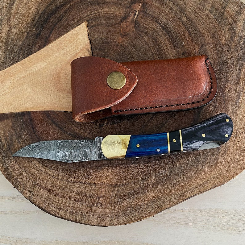 Custom Handmade Damascus Steel Folding Pocket Knife With Leather Sheath