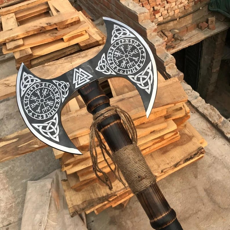 Handmade Carbon Steel Double Headed Viking Axe With Leather Sheath