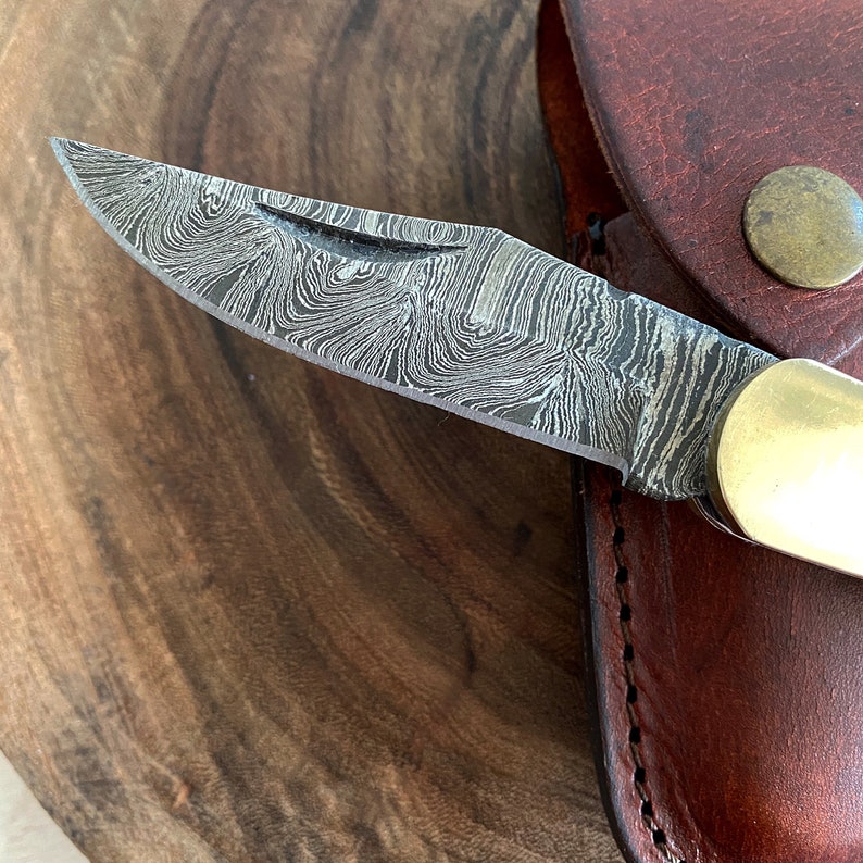 Custom Handmade Damascus Steel Folding Pocket Knife With Leather Sheath