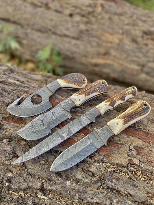 Handmade Damascus Steel Hunting Knife 4 Pc Set Roll Beg,Best For Gift Birthday Best For Gift Christmas