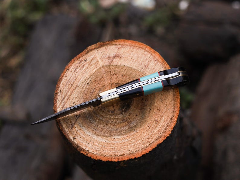 Custom Handmade Damascus Steel Folding Pocket Knife With Leather Pouch