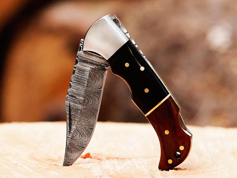 Custom Handmade Damascus Steel Folding Pocket Knife With Leather Pouch