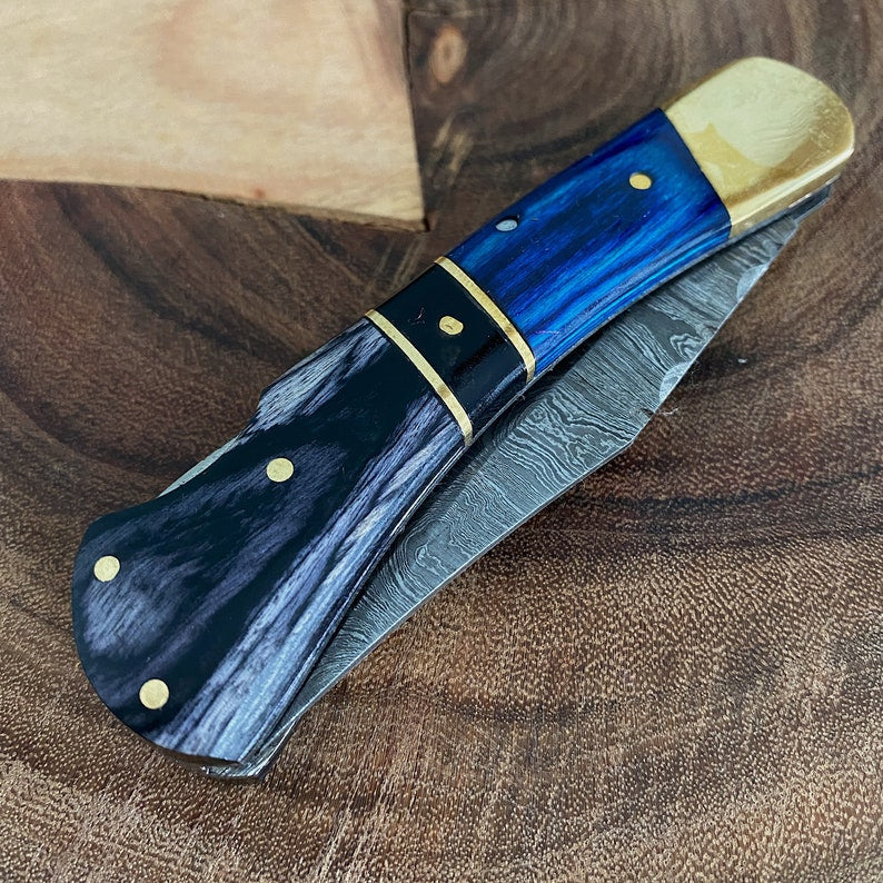Custom Handmade Damascus Steel Folding Pocket Knife With Leather Sheath