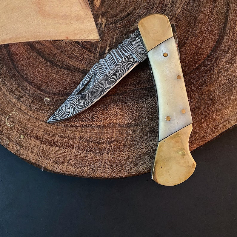 Custom Handmade Damascus Steel Folding Pocket Knife With Leather Pouch