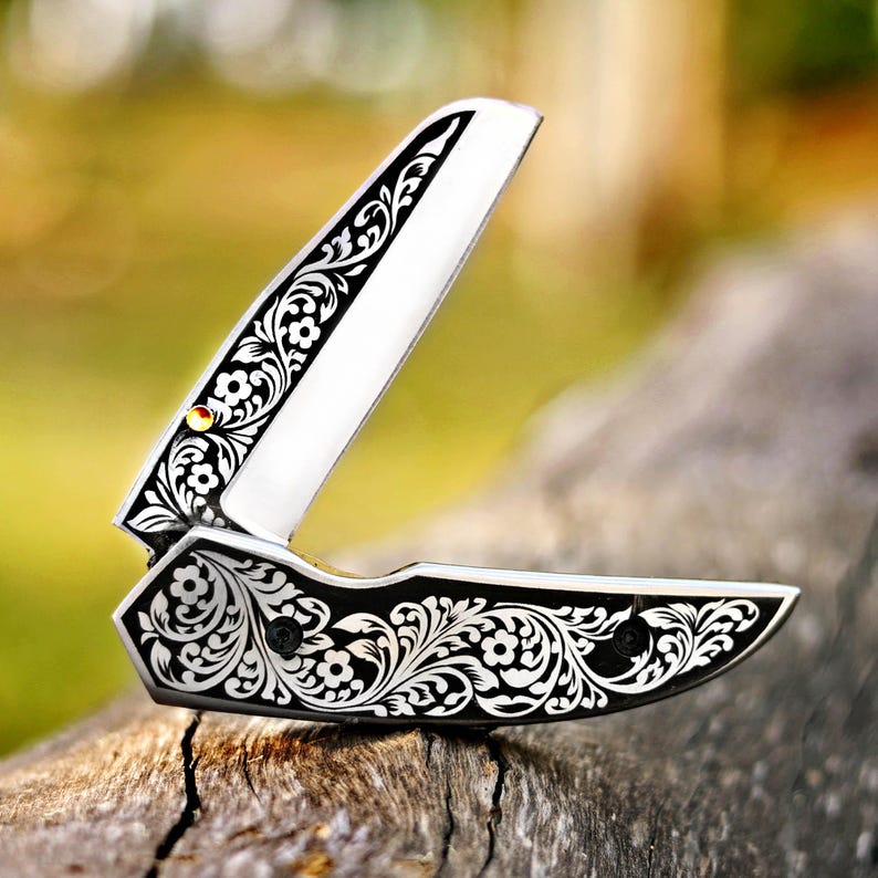 Handcrafted Foldable Knife with Exquisite Laser-Engraved Floral Pattern - Perfect Gift Idea