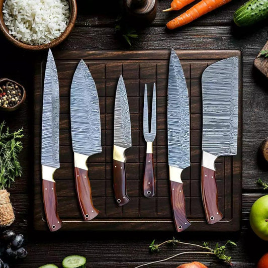 Damascus Steel Knife Set 6 Piece Handmade Chef Knives Wood Handle | Professional Cutlery | Kitchen Knife Set | Gift for Husband & Cooks