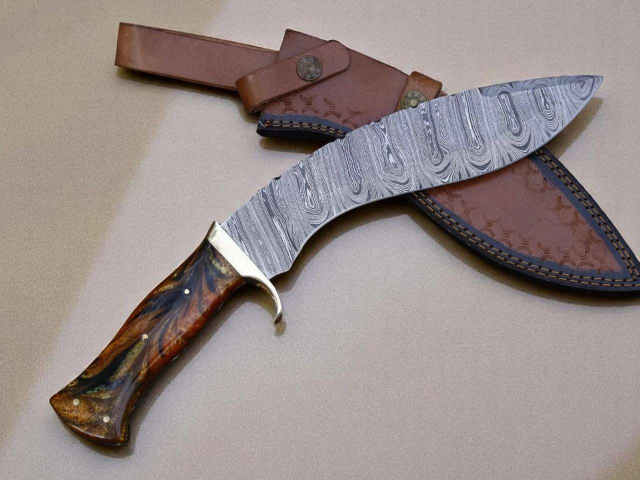 Custom Handmade Damascus Steel Kukri Knife With Leather Sheath