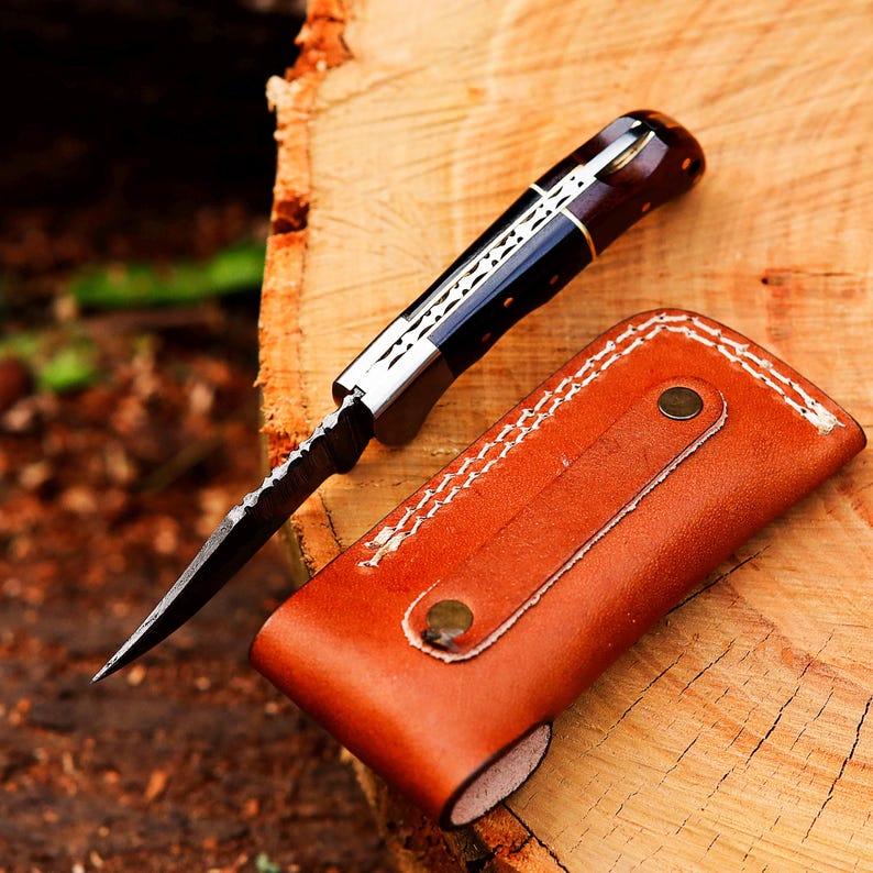 Custom Handmade Damascus Steel Folding Pocket Knife With Leather Pouch