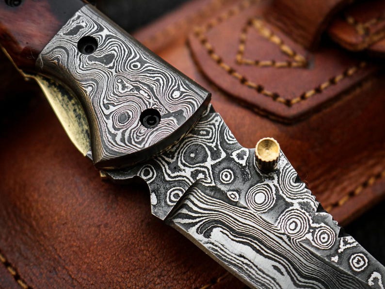 Custom Handmade Damascus Steel Folding Pocket Knife With Leather Pouch
