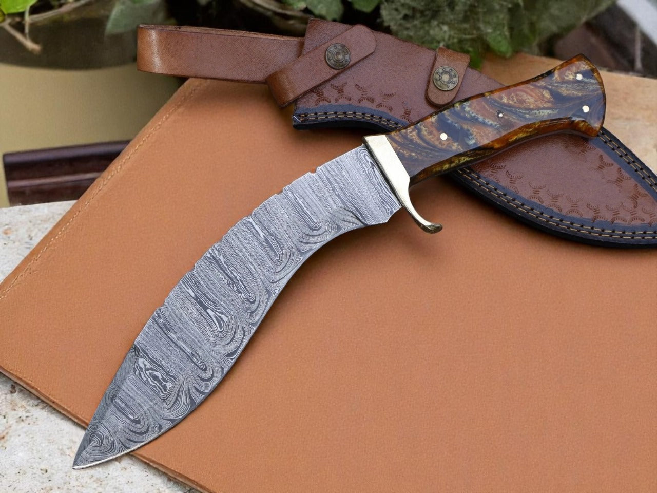 Custom Handmade Damascus Steel Kukri Knife With Leather Sheath