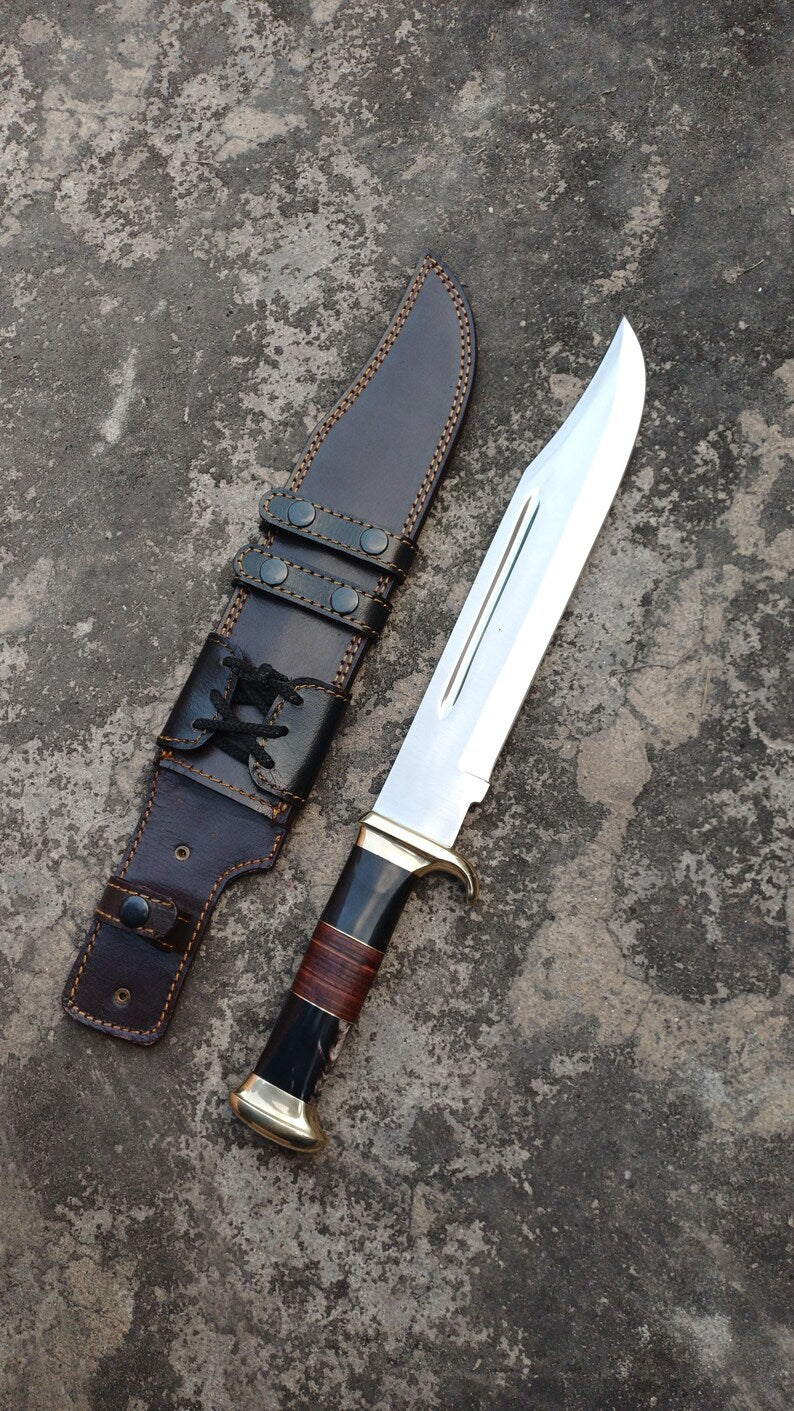 Custom Handmade D2 Steel Bowie Knife – Buffalo Horn Handle with Premium Leather Sheath