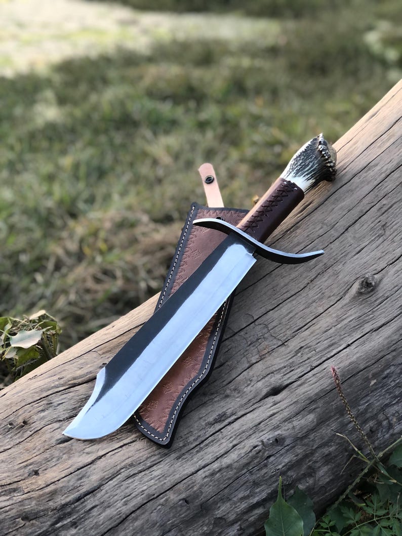handmade hunting bowie knife deer stag handle with sheath