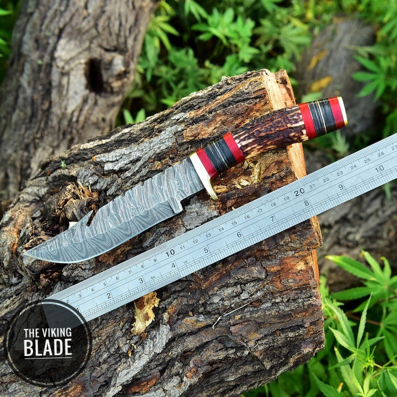 Custom Handmade Forged Damascus Steel Hunting Knife with Stag & Brass Guard Handle Comes With Genuine Leather Sheath