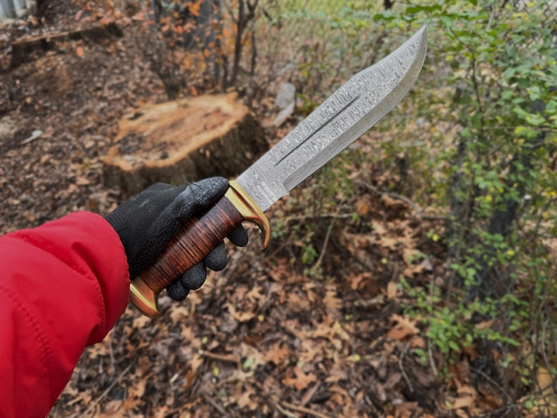 Custom Handmade Damascus Steel Bowie Knife With Leather Sheath
