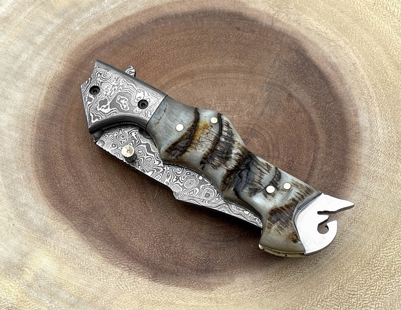 Custom Handmade Damascus Steel Folding Pocket Knife With Leather Pouch