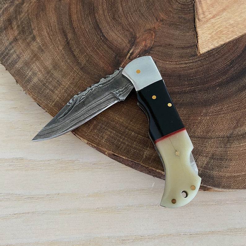 Custom Handmade Damascus Steel Folding Pocket Knife With Leather Pouch