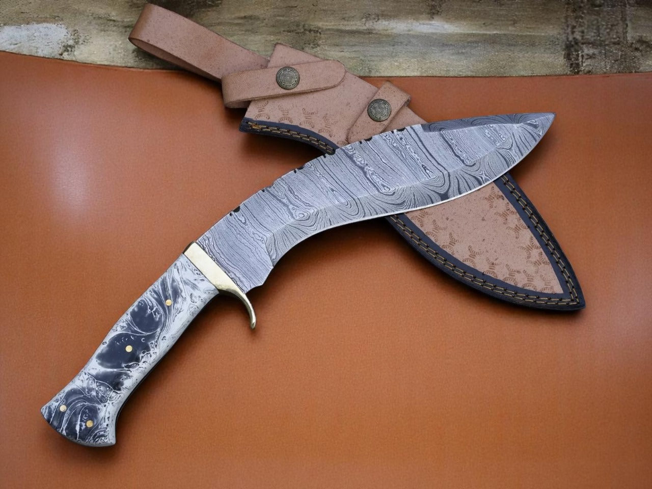 Custom Handmade Damascus Steel Kukri Knife With Leather Sheath