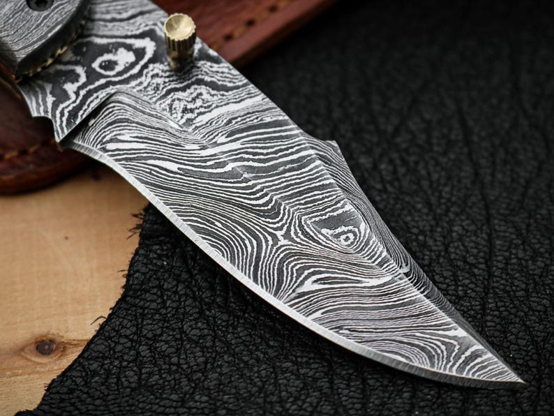 Custom Handmade Damascus Steel Folding Pocket Knife With Leather Pouch