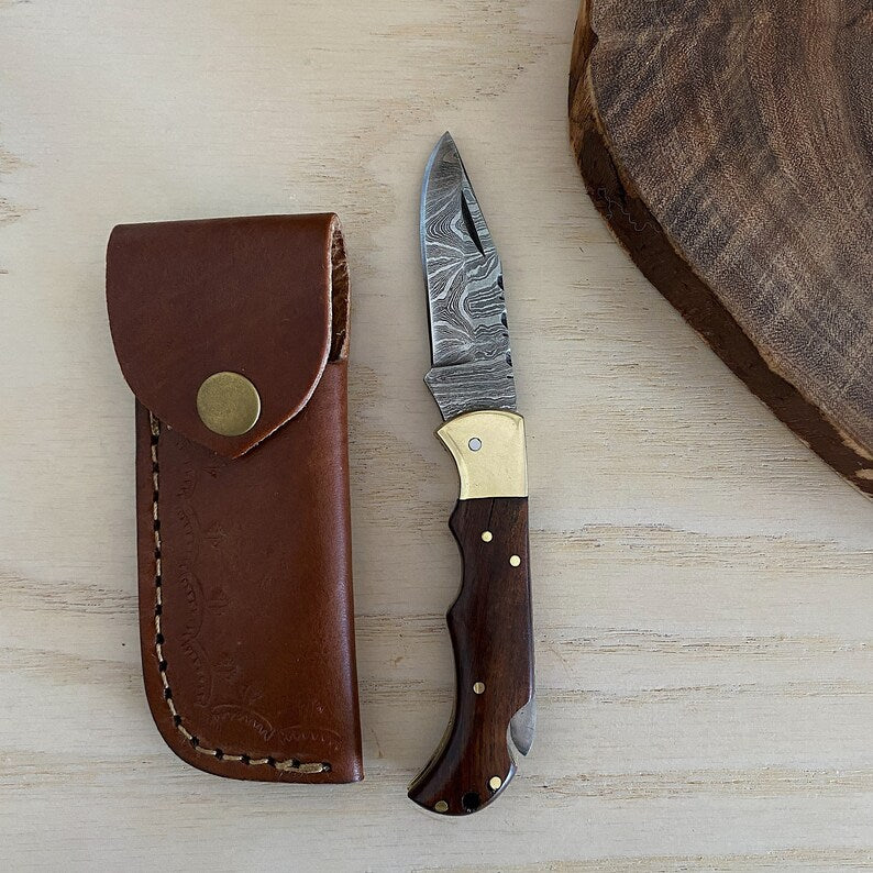 Custom Handmade Damascus Steel Folding Pocket Knife With Leather Sheath