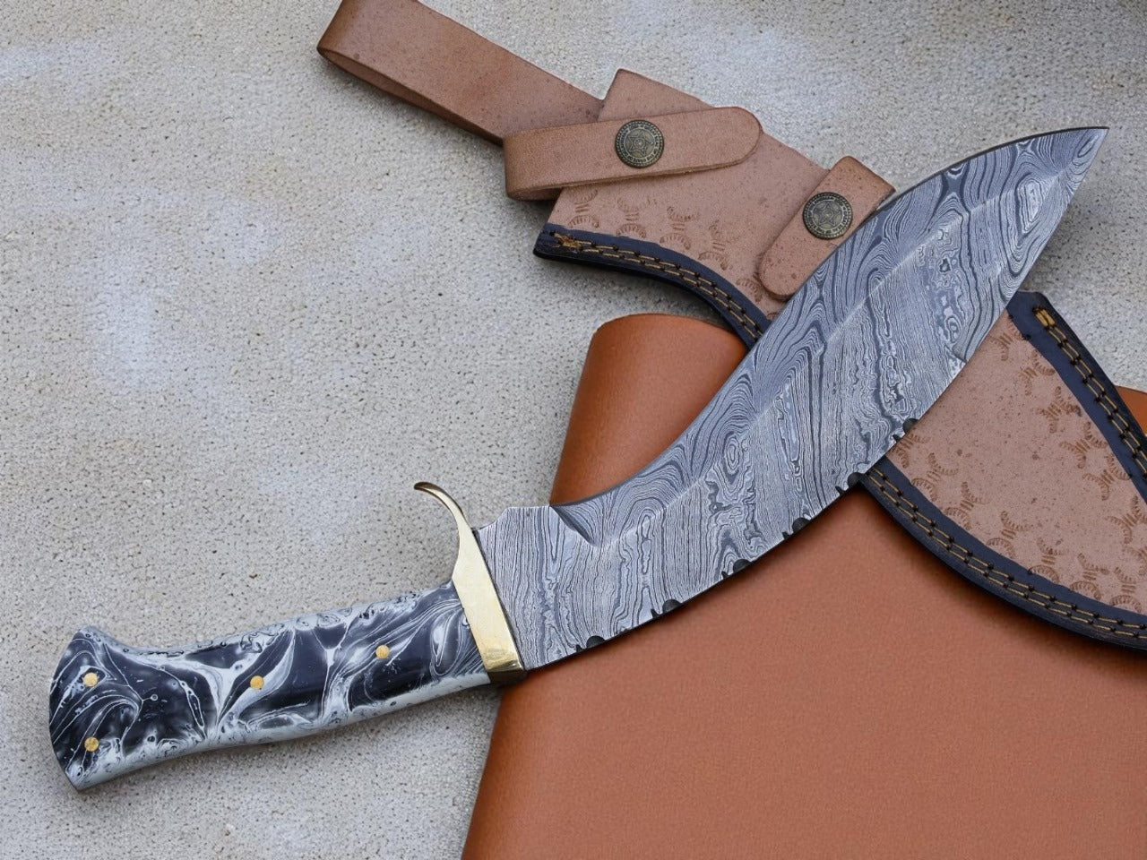 Custom Handmade Damascus Steel Kukri Knife With Leather Sheath