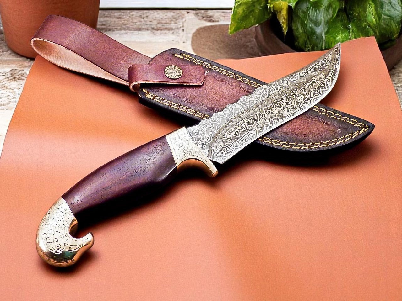 Custom Handmade Damascus Steel Hunting Knife With Leather Sheath