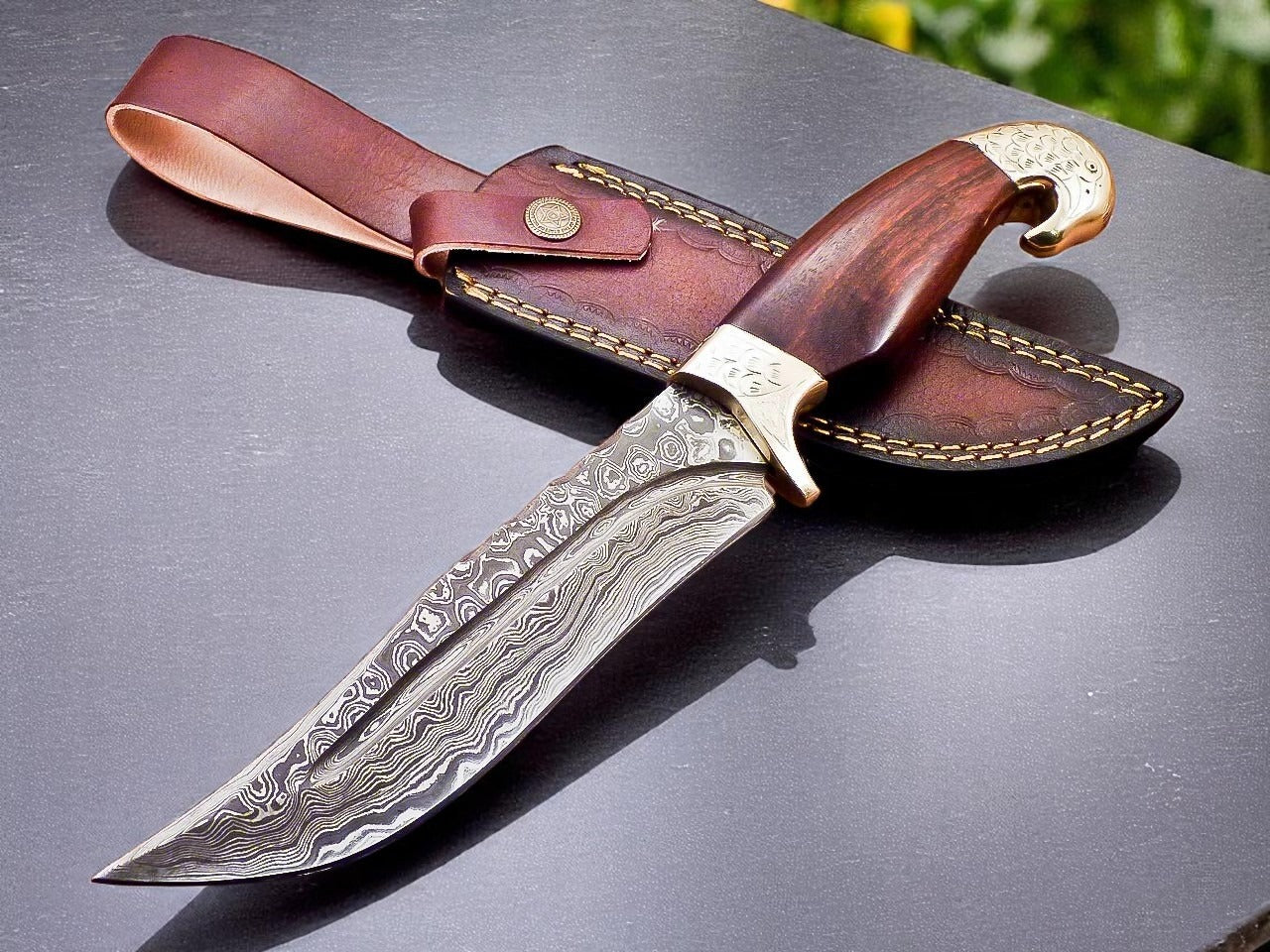 Custom Handmade Damascus Steel Hunting Knife With Leather Sheath