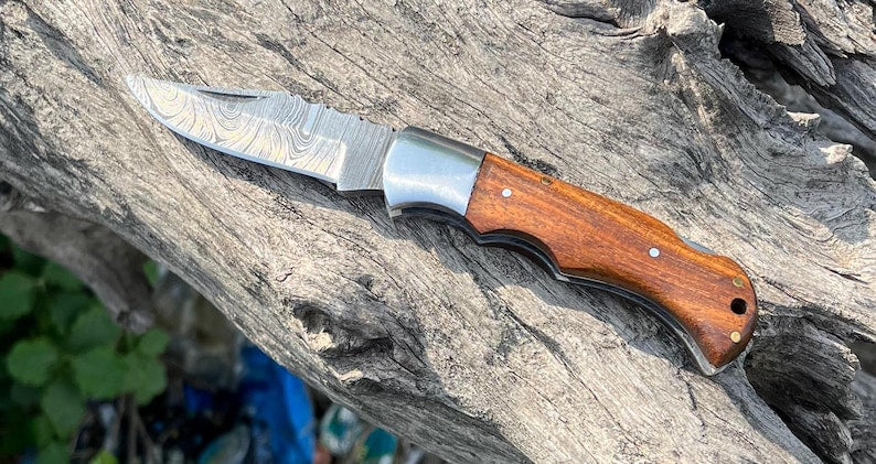 Custom Handmade Damascus Steel Folding Pocket Knife With Leather Pouch