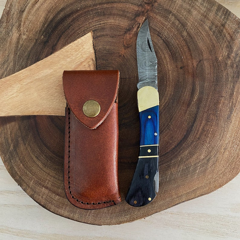 Custom Handmade Damascus Steel Folding Pocket Knife With Leather Sheath