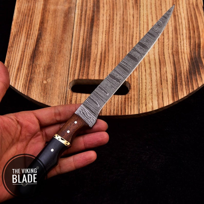 Custom Handmade Damascus Steel Fillet Fish Chef Knife With Leather Sheath