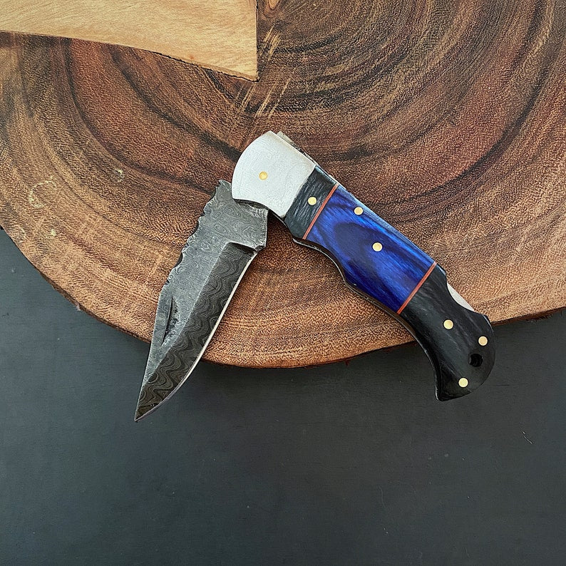 Custom Handmade Damascus Steel Folding Pocket Knife With Leather Pouch