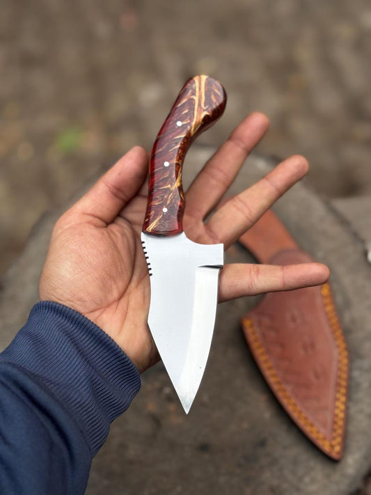 EDC Fixed Blade Knife | Handmade Hunting Knife with Curved Resin Grip & Sheath