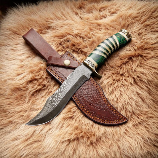 Custom Handmade Damascus Steel Hunting Knife With Leather Sheath