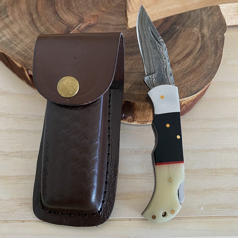 Custom Handmade Damascus Steel Folding Pocket Knife With Leather Pouch